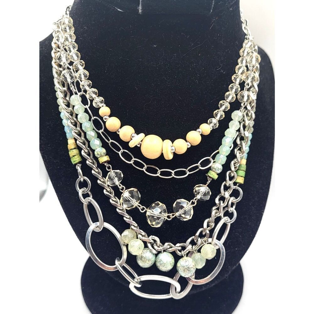 Ann Taylor Loft Layered Green and Brown Beaded Chain Necklace 20in